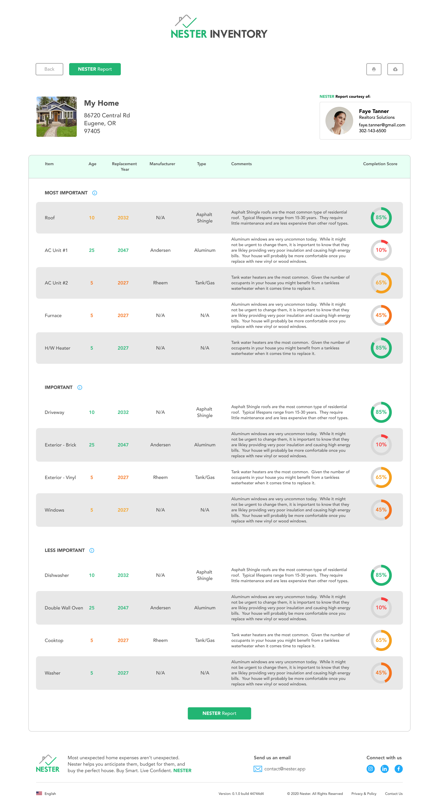 Nester homeowner report inventory and asset planning view