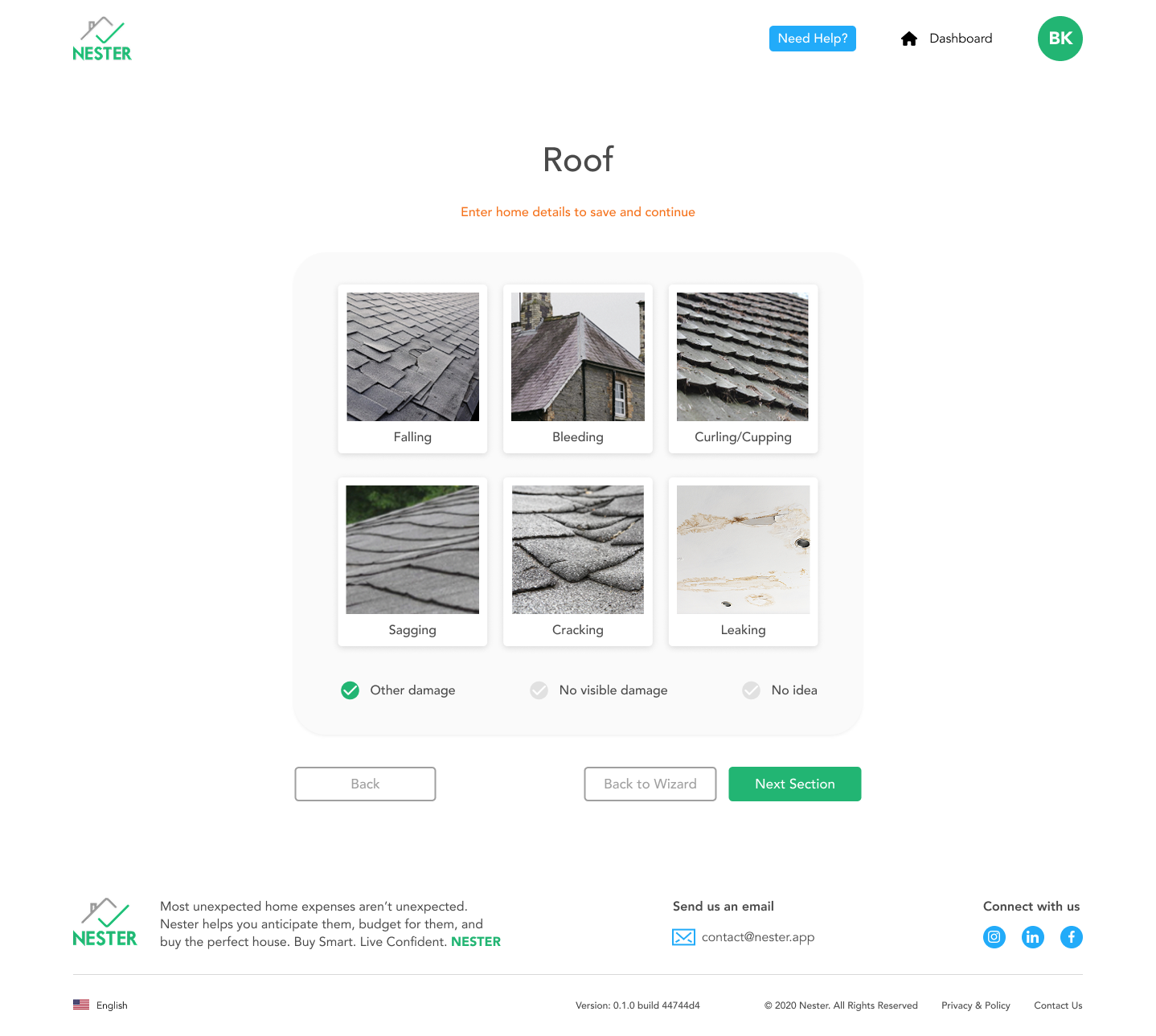 Nester roof analysis and maintenance planning screen