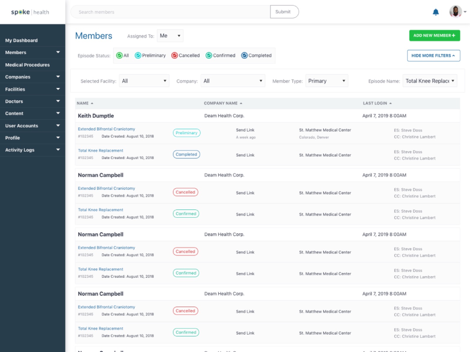 SpokeHealth admin members screen 1